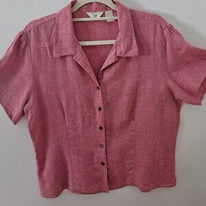 J. Jill 100% Linen Soft Red Collared Short Sleeve Button Down Blouse Size Large
